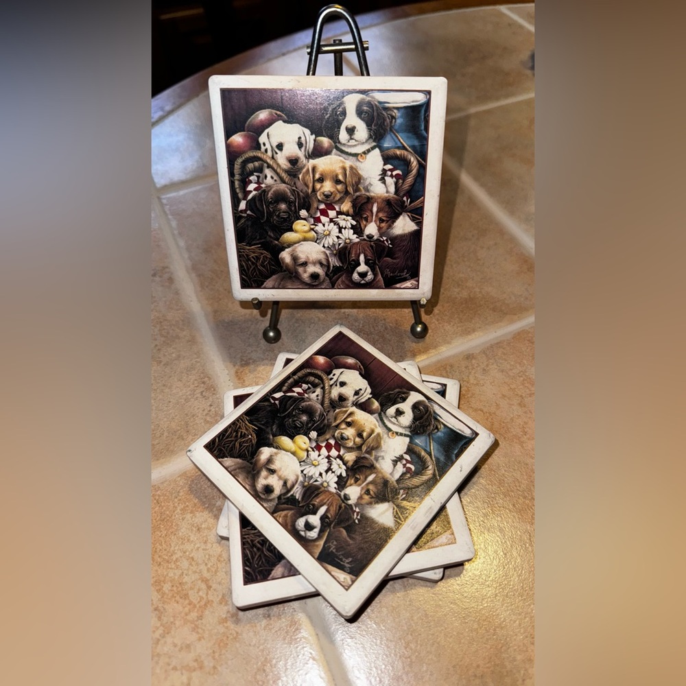 Vintage Stone Art Coasters “Pretty Puppies” set of 4🐶